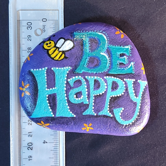 Bee Happy Purple & Teal Painted Rock - Picture 6 of 7